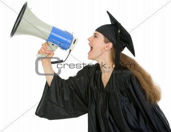 Graduation student shouting through megaphone