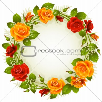 Vector red and yellow rose frame in the shape of circle
