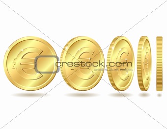 Gold coin with euro sign with different angles. Vector illustration isolated on white background