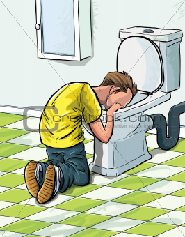 Cartoon teenager sick in toilet after drinking to much