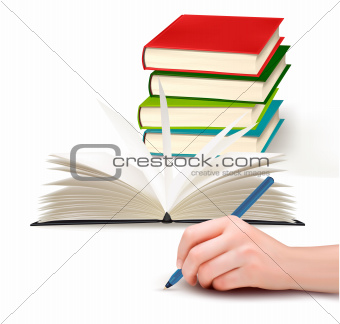 Hand with pen writing on paper and stack of book  Vector illustration