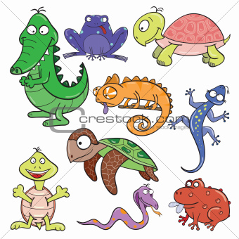 Reptiles and amphibians doodle icon set