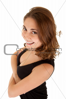 Smiling woman in a black dress