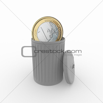 euro coin in a grey trash can