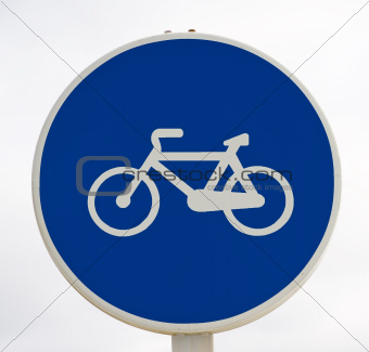 White bicycle sign in blue background. Road sign bicycle path.