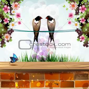 Garden with two swallows
