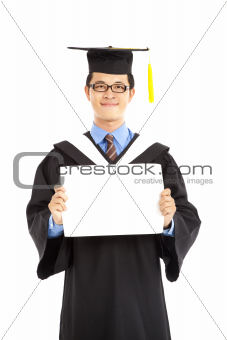 graduating student showing blank diploma certificate