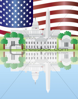 Washington DC Landmarks Reflection with US Flag