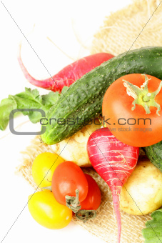 various vegetables (tomatoes, radishes, cucumbers) on a white background