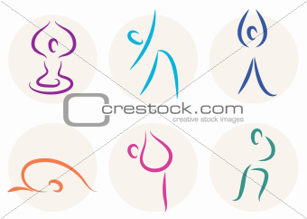 Yoga stick figure icons or symbols isolated on white