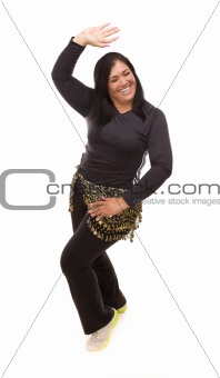 Attractive Hispanic Woman Dancing Zumba on a White Background.