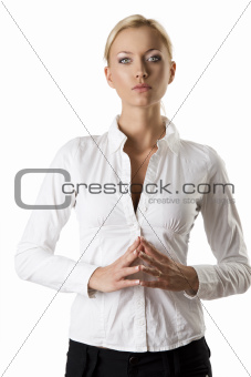business blonde woman with concentrated expression