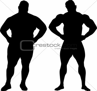 Silhouettes of bodybuilder and fat man