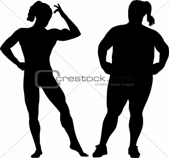 Silhouettes of bodybuilder and fat woman