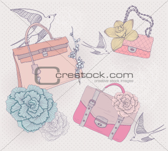 Fashion illustration. Background with fashionable bags, flowers