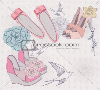 Fashion illustration. Background with fashionable shoes, flowers