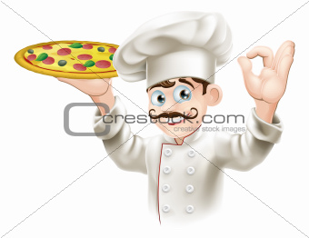 Cook holding a tasty pizza