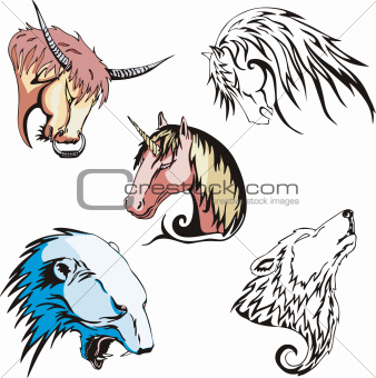 heads of wolf, polar bear, unicorn, horse and bull
