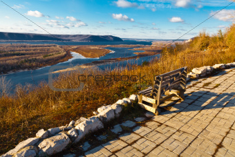 Wooden Bench and Panoramic View of Volga River Bend near Samara,