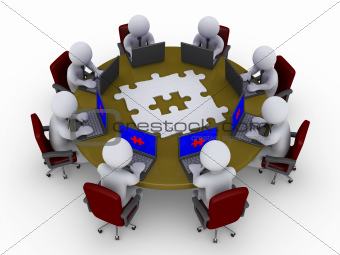 Businessmen around table searching for solution