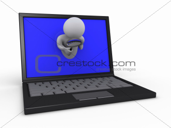 Person with magnifier through laptop