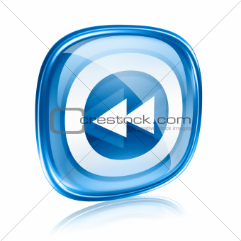 Rewind icon blue glass, isolated on white background.