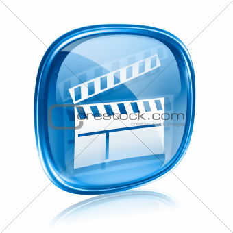 movie clapperboard icon blue glass, isolated on white background