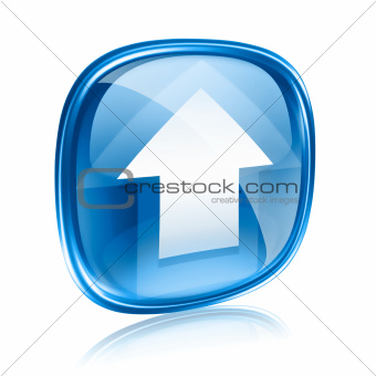 Upload icon blue glass, isolated on white background.