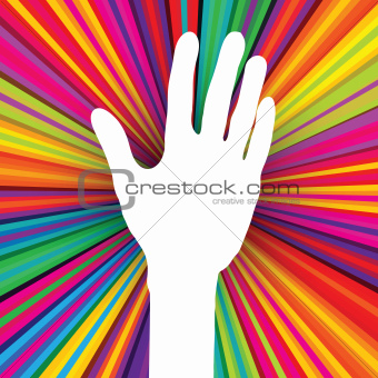 Hand silhouette on psychedelic colored abstract background. 