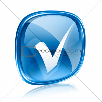 check icon blue glass, isolated on white background.