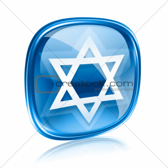 David star icon blue glass, isolated on white background.