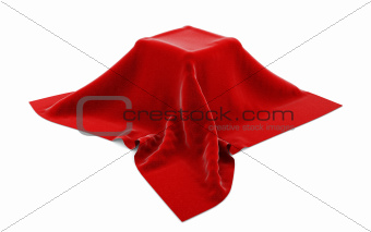 Box hidden under red velvet cloth isolated on white.