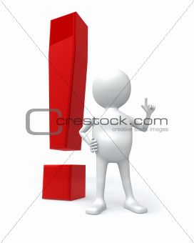 3D white man with big red exclamation sign isolated on white bac