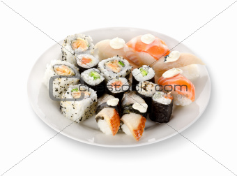 Sushi and rolls in a plate