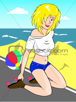girl with roller-skates on beach