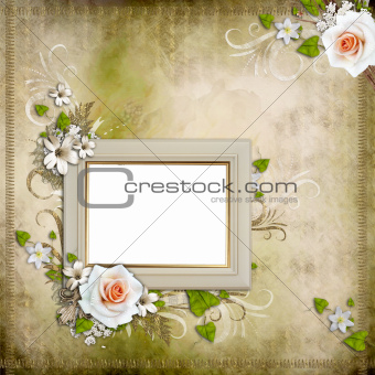 Vintage background with  frame and roses
