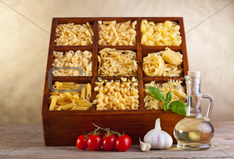 Assorted pasta mix in wooden box