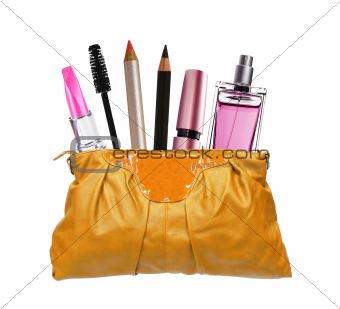 Beautiful golden makeup bag and cosmetics isolated on white 