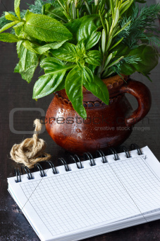 Herbs and notebook.
