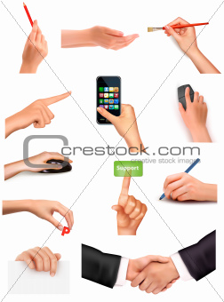 Collection of hands holding different business objects  Vector illustration