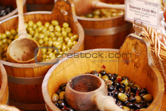 Variety of olives being sold at a market