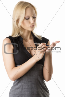 blonde business woman she write on her hand