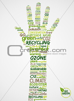 Go Green. Hand with words cloud about environmental conservation