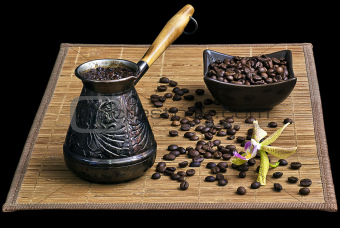 Coffee turk with coffee beans and orchid