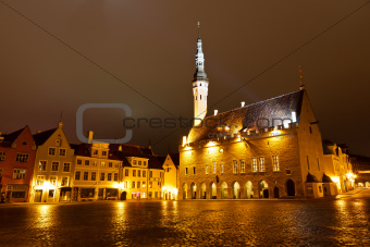 Tallinn Town Hall at Night in Raekoja Square, Estonia