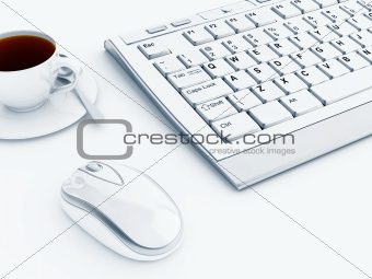 keyboard mouse and cup of coffee in light tones