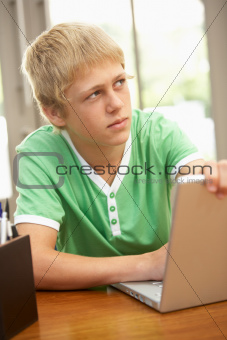 Guilty Looking Teenage Boy Using Laptop At Home
