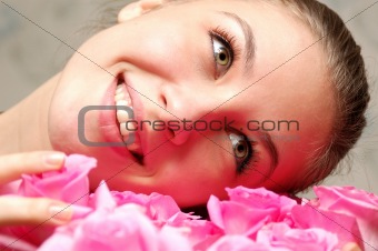 happy girl and bouquet of roses