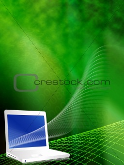 Lap top in cyber effect vector background in green