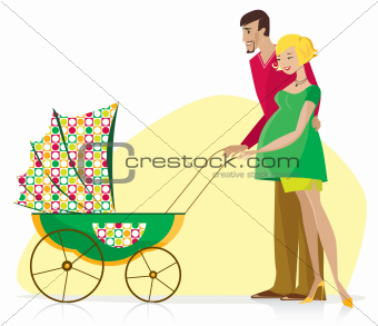 Happy Couple with Baby Stroller